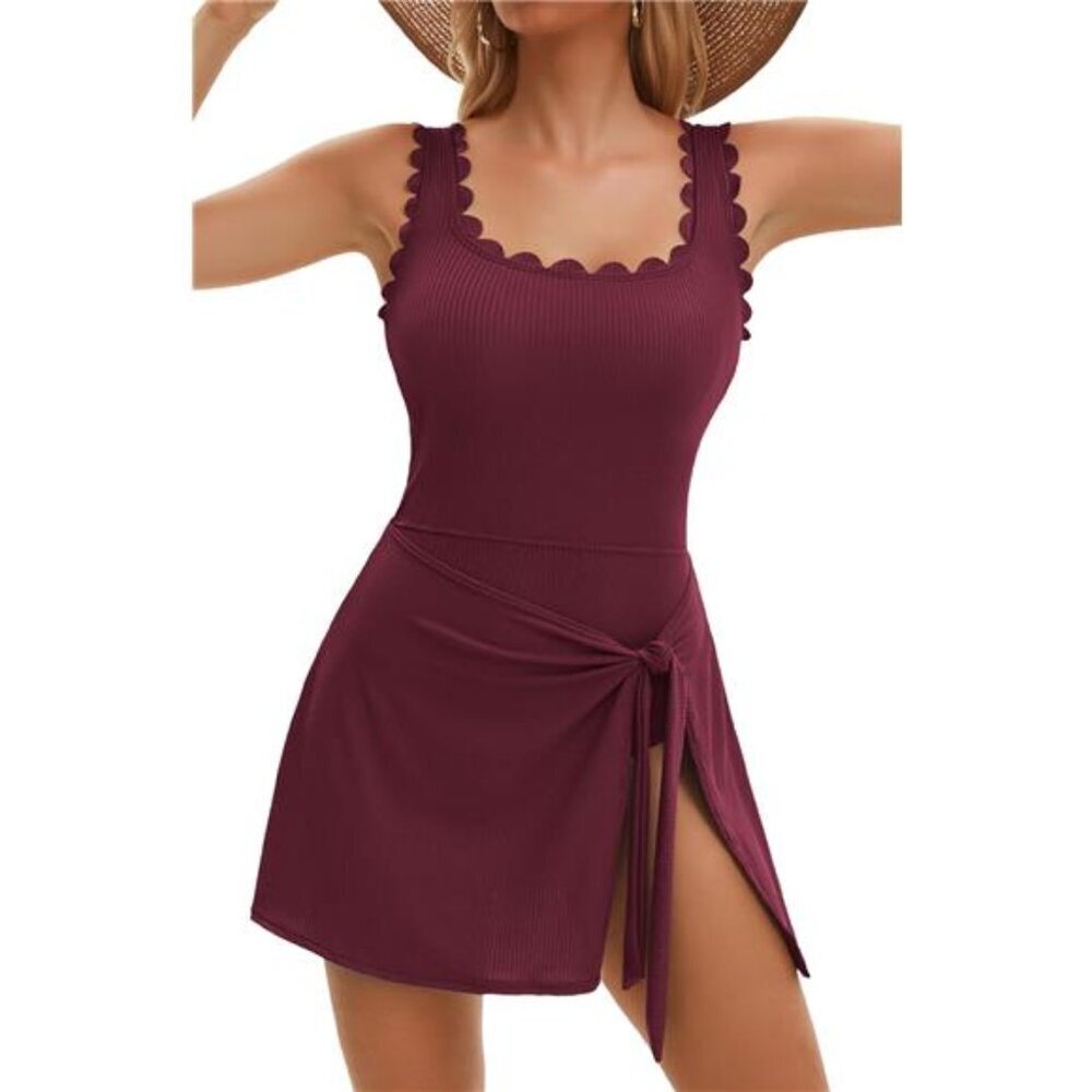One Piece Burgundy Swim Dress Scalloped Square Neck Modest Swimsuits for Women